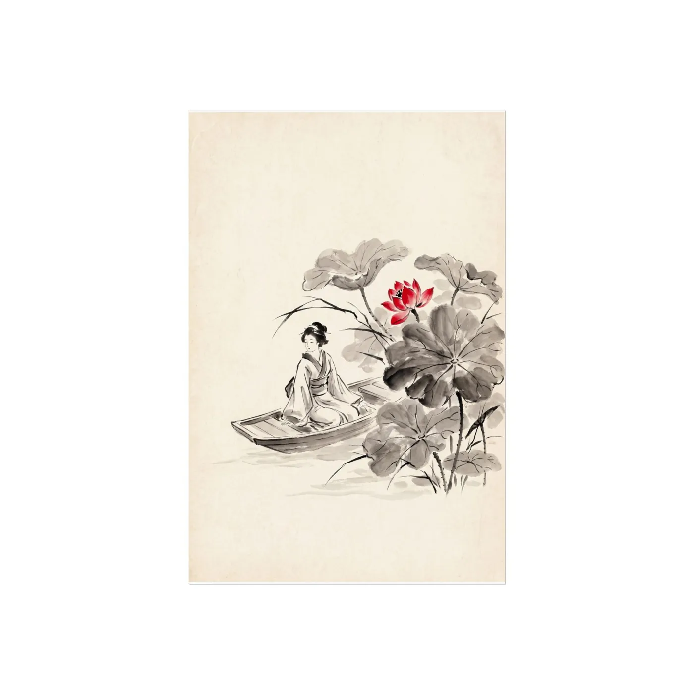 Botanical Wall Art | Woman Boat Lotus Sumi-e Ink Print | Black and White Zen Decor | A1 Ready Poster Print