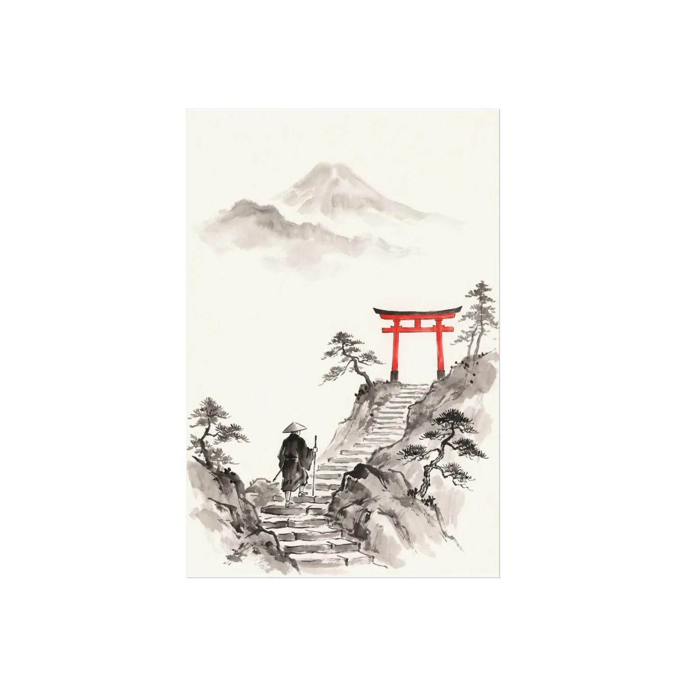Japanese Wall Art | Pilgrim Torii Gate Steps Sumi-e Ink Print | Black and White Zen Decor | A1 Ready Poster Print