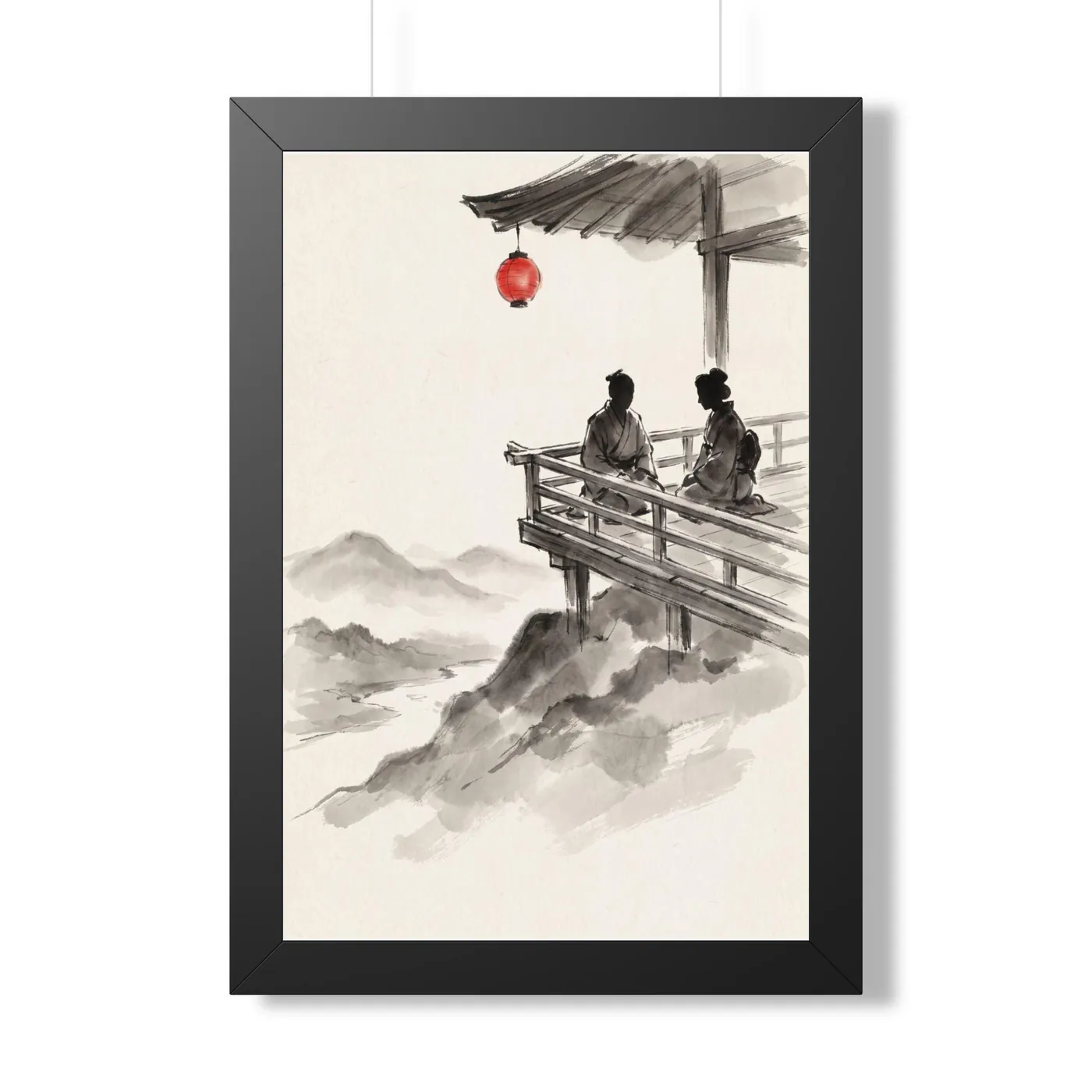 Framed Japanese Wall Art | Tea Veranda Mountains Sumi-e Ink Print | Black and White Zen Decor | A1 Ready Poster Print