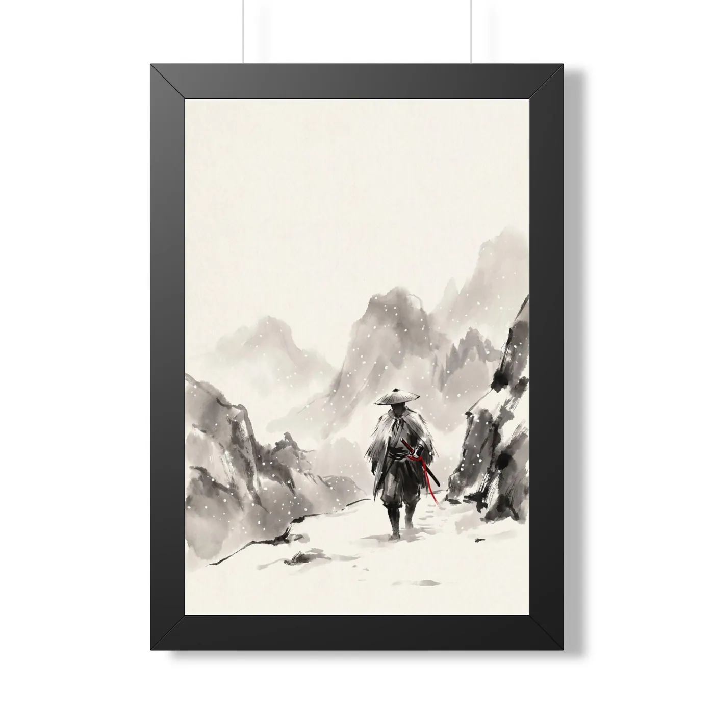 Framed Japanese Wall Art | Samurai Snow Pass Sumi-e Ink Print | Black and White Zen Decor | A1 Ready Poster Print