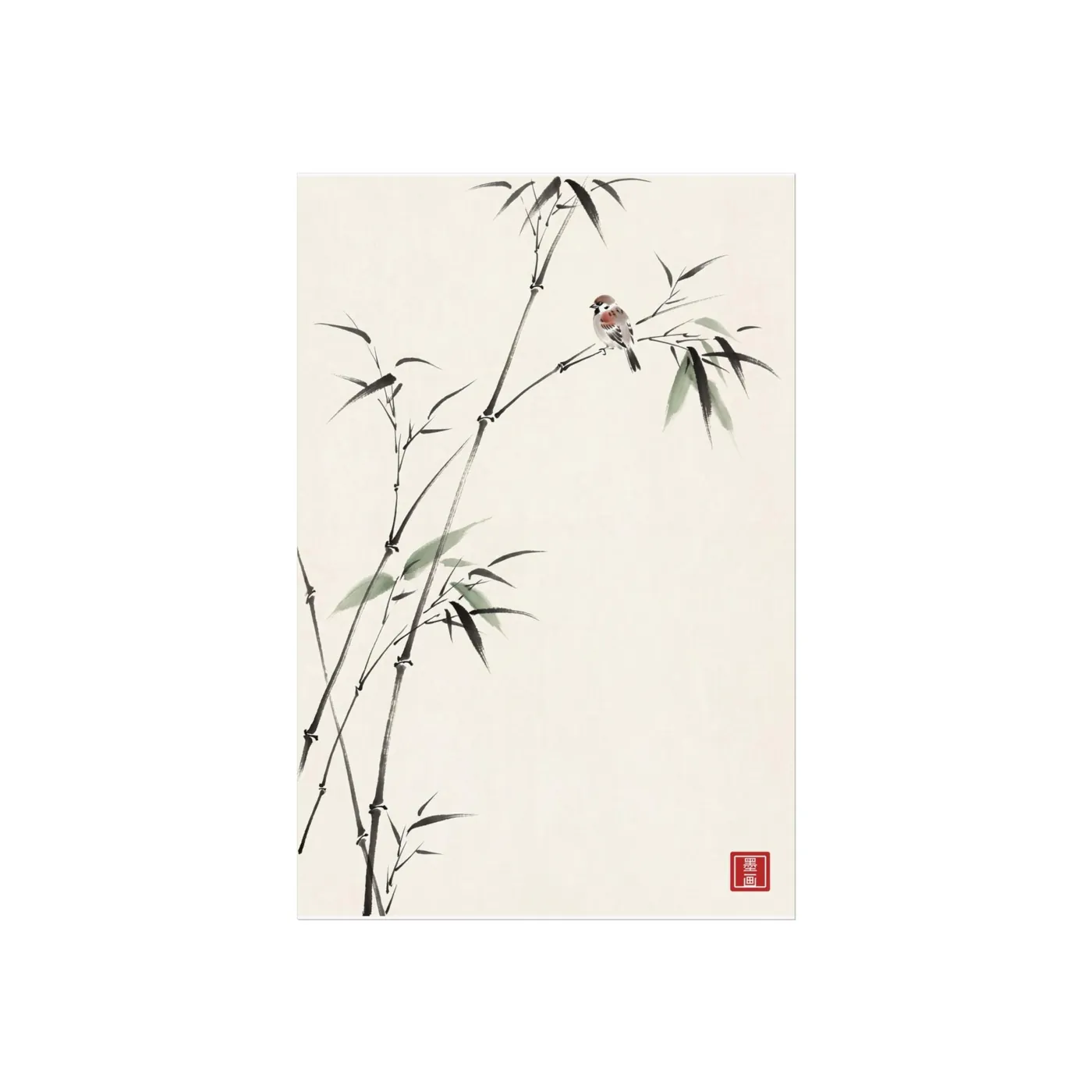 Bamboo Sparrow Sumi-e Ink Art Print | Zen Black & White Wall Art (Unframed)