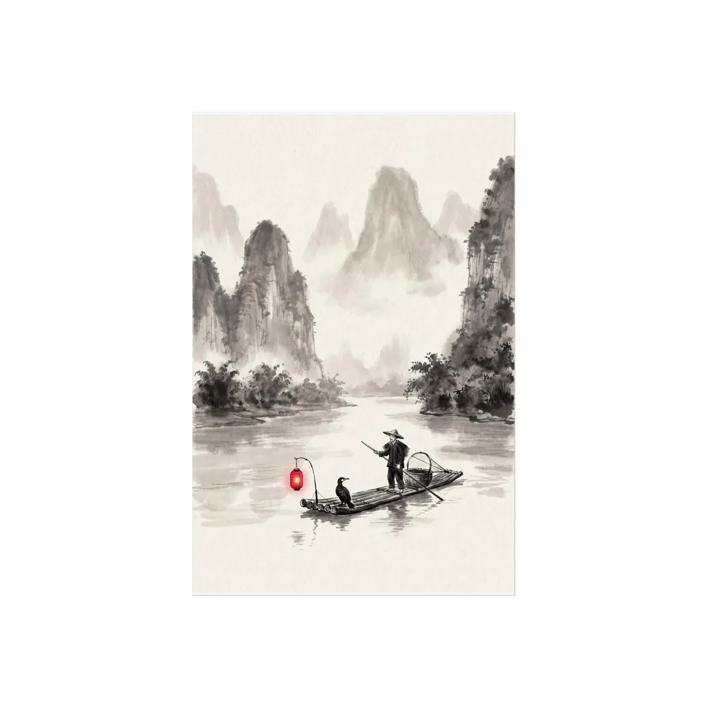 Chinese Wall Art | Guilin Cormorant Sumi-e Ink Print | Black and White Ink Decor | A1 Ready Poster Print | Living Room Decor