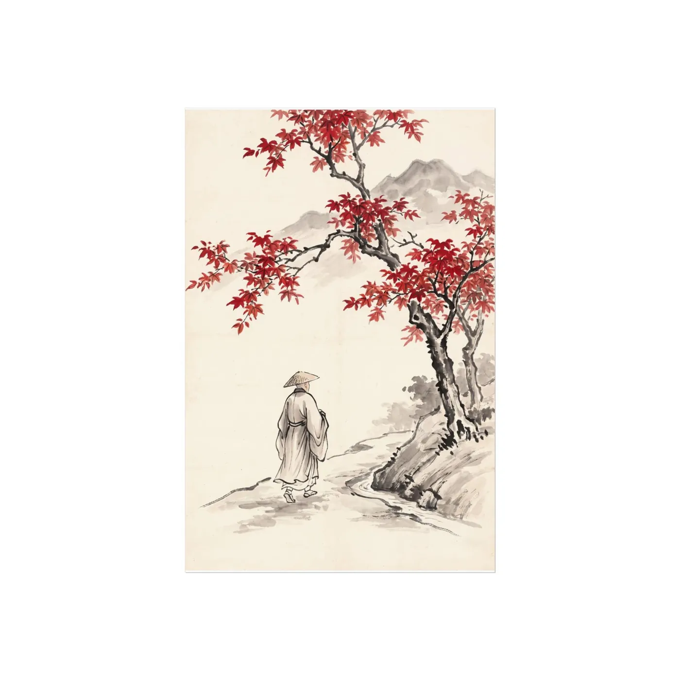 Monk Autumn Maple | Zen Life Sumi-e Scene | Black & White Ink Wall Art | Poster