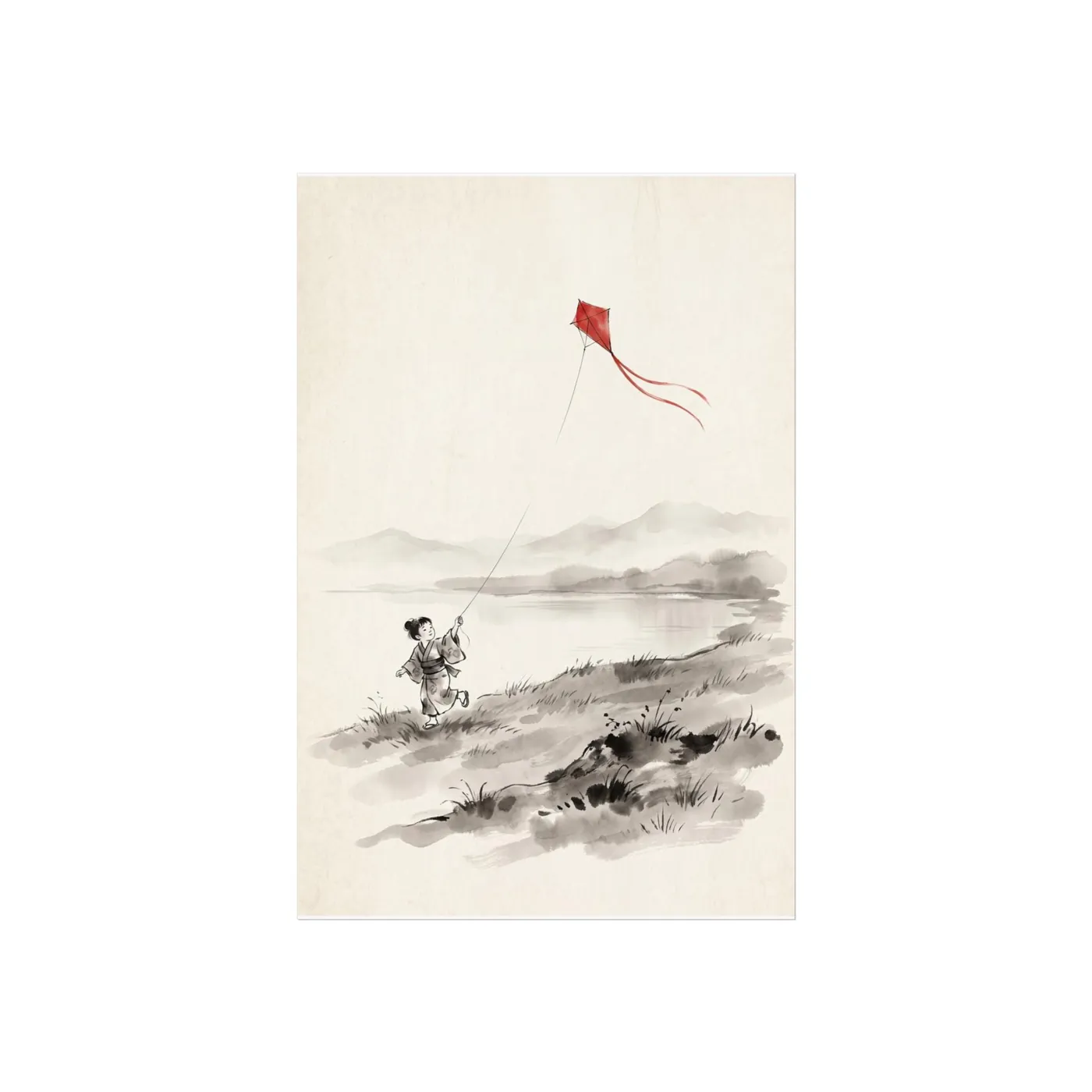 Japanese Landscape Art | Child Kite Lake Sumi-e Ink Print | Black and White Zen Decor | A1 Ready Poster Print