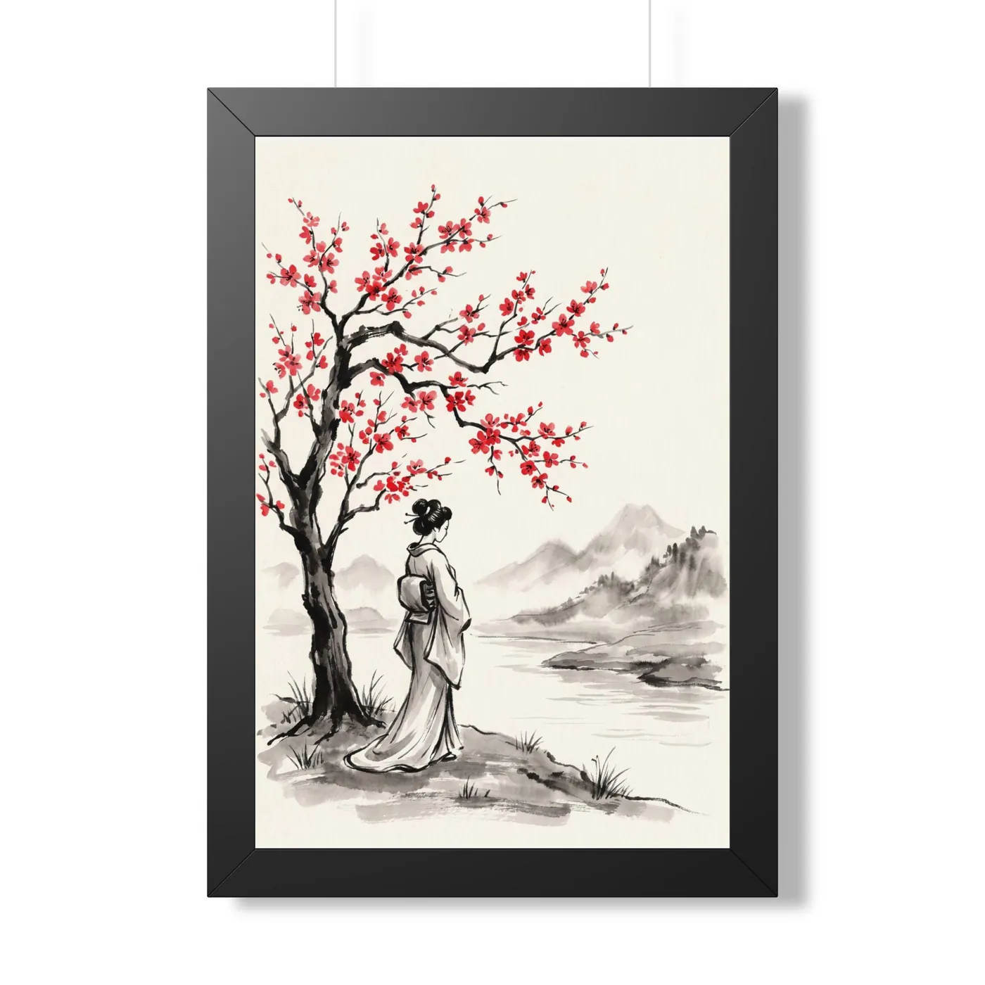 Woman Cherry River | Framed Zen Life Sumi-e Scene | Black & White Ink