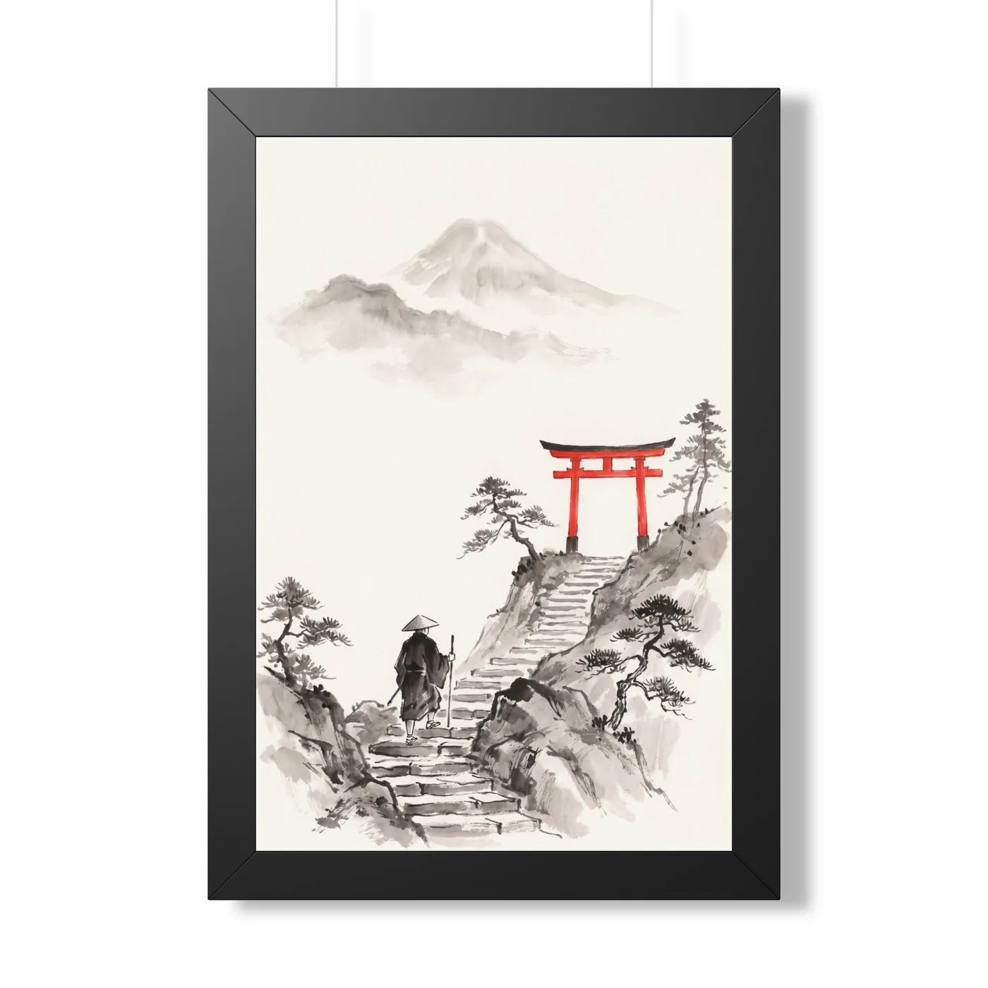 Framed Japanese Wall Art | Pilgrim Torii Gate Steps Sumi-e Ink Print | Black and White Zen Decor | A1 Ready Poster Print