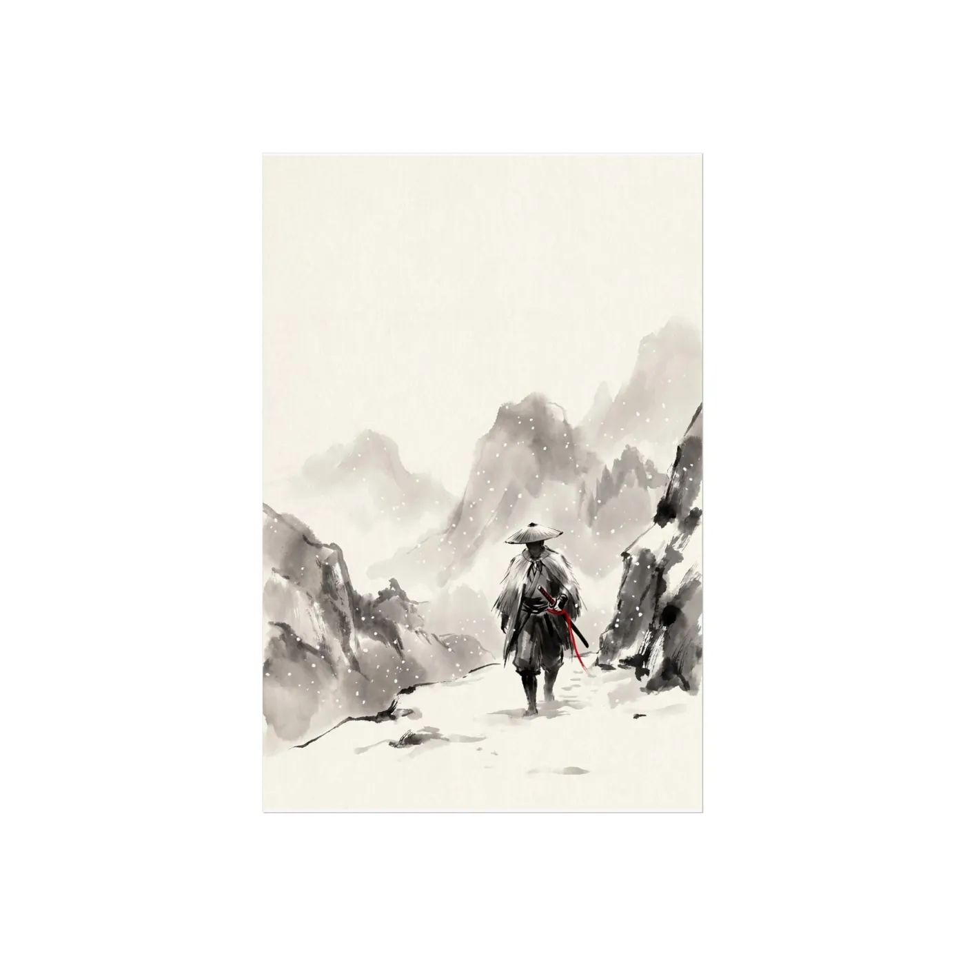 Samurai Wall Art | Snow Pass Sumi-e Ink Print | Black and White Zen Decor | A1 Ready Poster Print | Living Room Decor