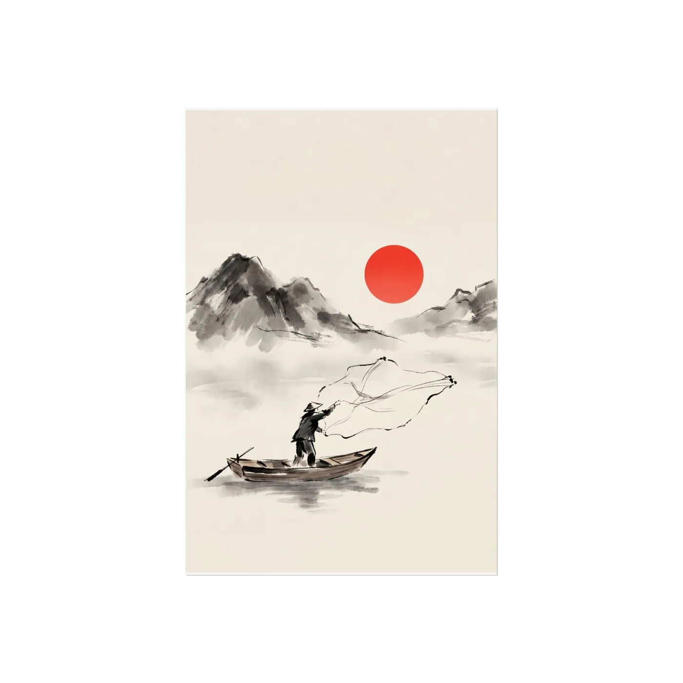 Fisher Dawn Net | Zen Life Sumi-e Scene | Black & White Ink Wall Art | Poster