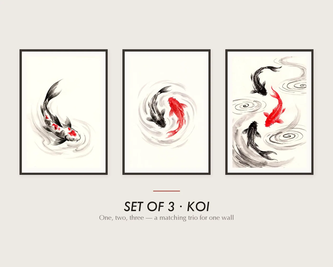 Koi Fish Wall Art Set of 3 | Japandi Sumi-e Ink Prints | Black White Red Gallery Wall Trio | Digital Download