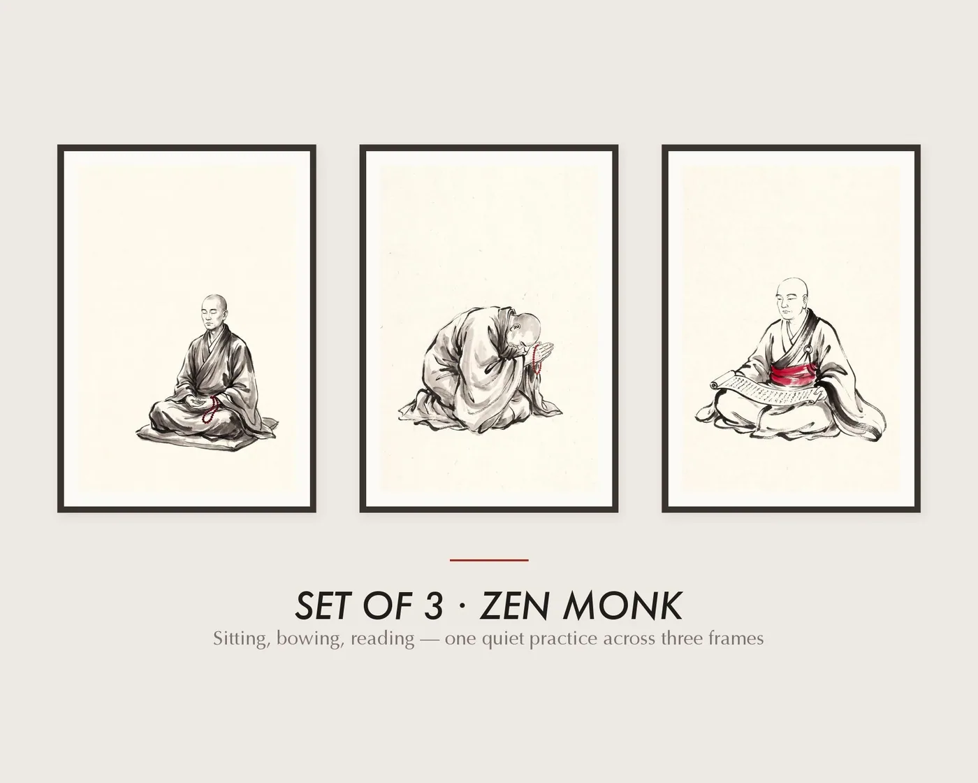 Zen Monk Wall Art Set of 3 | Japandi Sumi-e Ink Prints | Meditation Prayer Study | Black White Red Gallery Wall | Digital Download