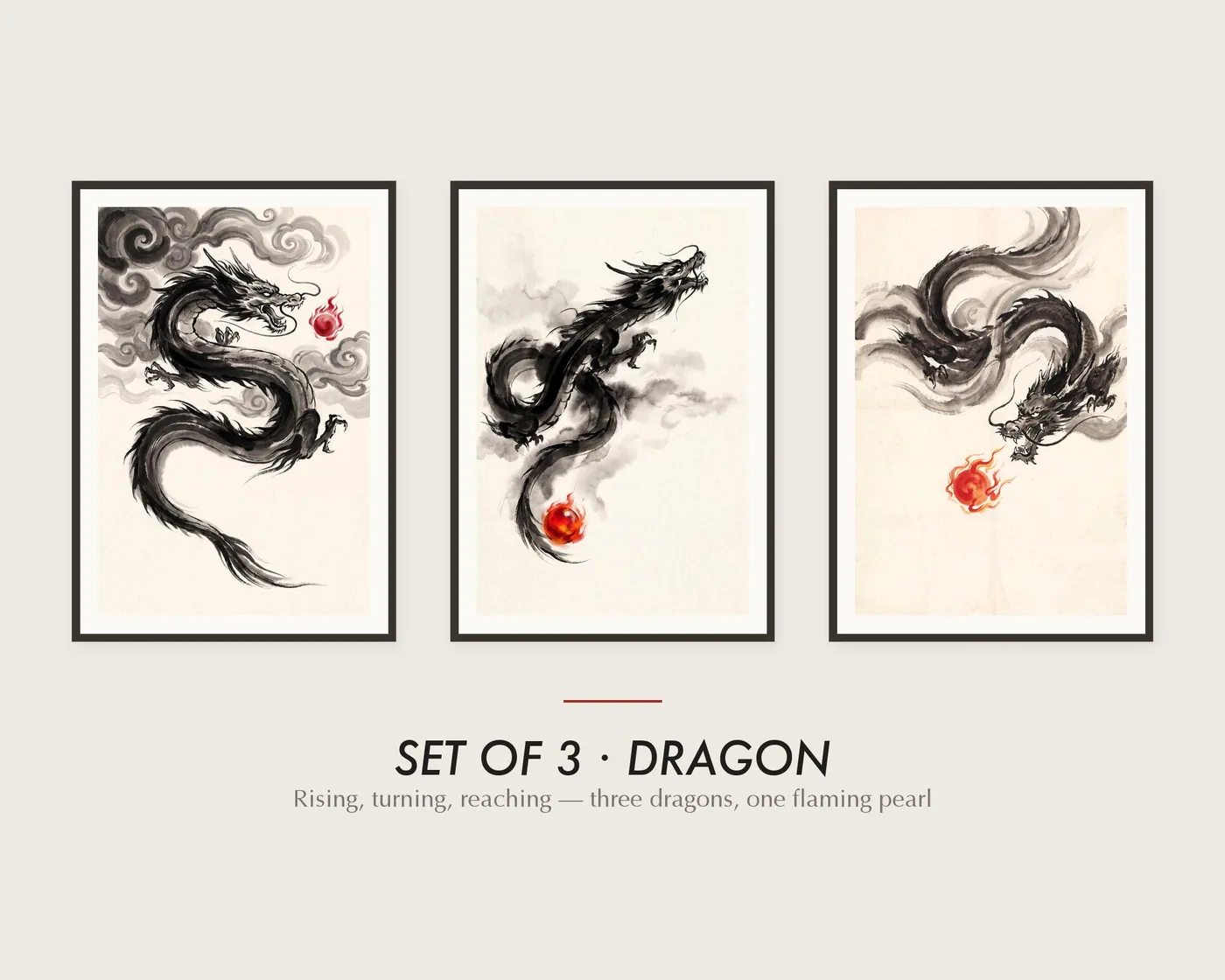 Japanese Dragon Wall Art Set of 3 | Japandi Sumi-e Ink Prints | Black White Red Gallery Wall Trio | Digital Download